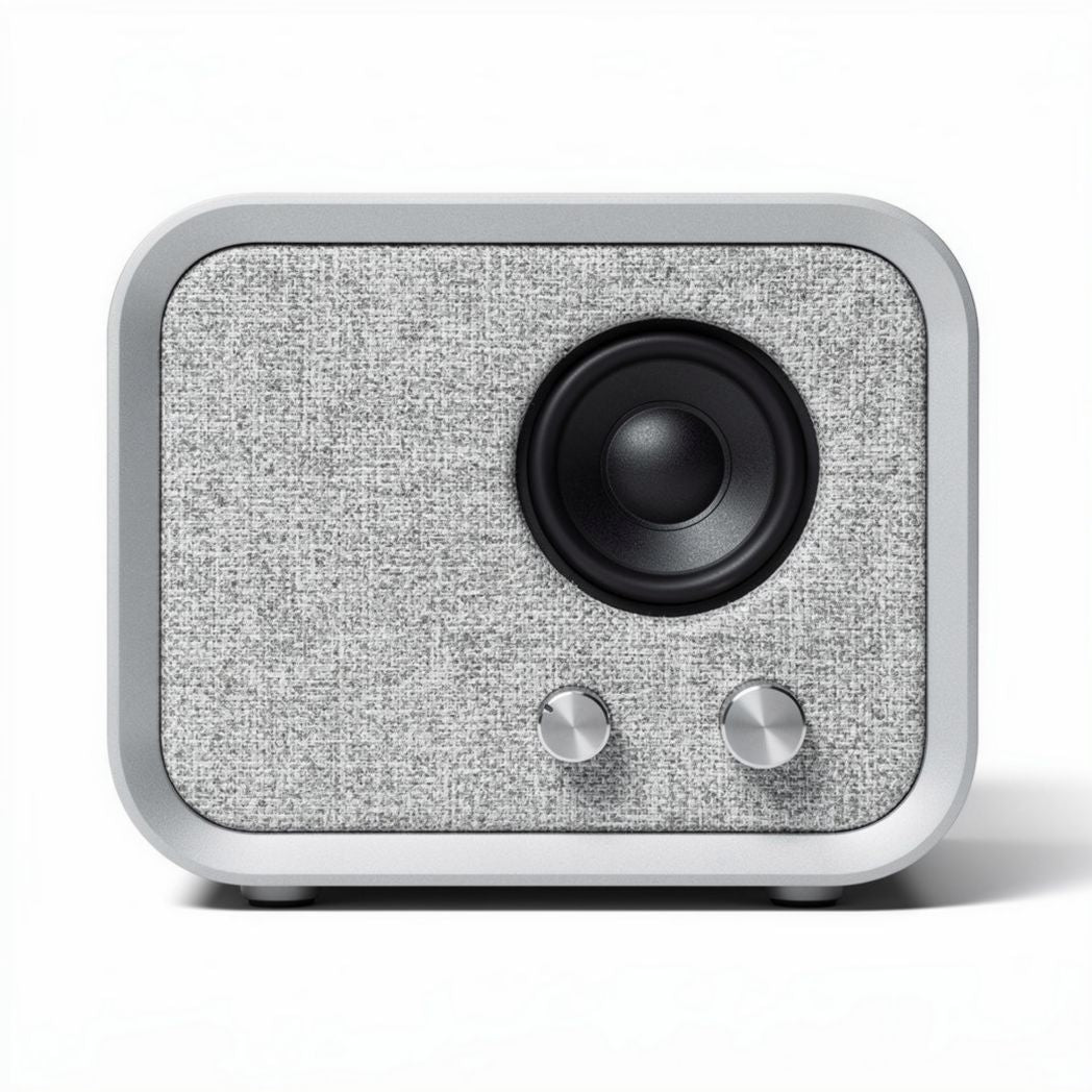 Enceinte Bluetooth rétro en tissu gris 20 x 15 x 12cm pour écoute à domicile