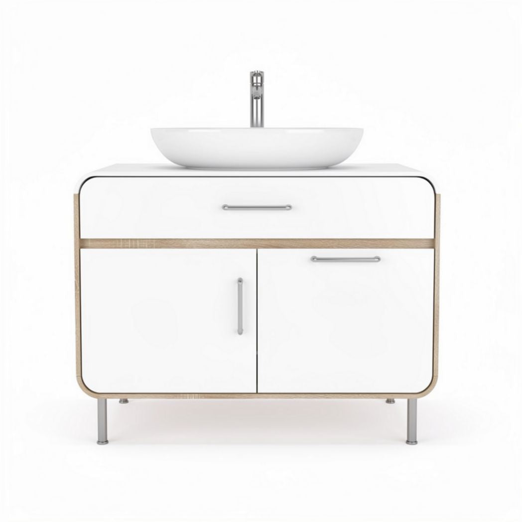 Meuble vasque en bois et blanc 60 x 45 x 85cm avec évier en céramique