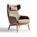 Fauteuil en tissu beige avec appui-tête en bois 85 x 80 x 110cm