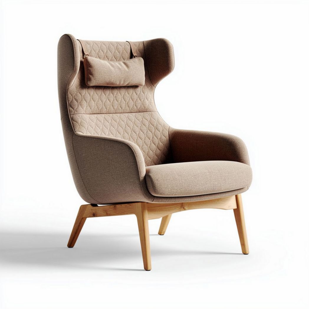 Fauteuil en tissu beige avec appui-tête en bois 85 x 80 x 110cm